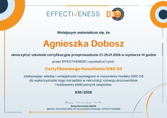 Certyfikat Konsultanta DISC D3 potwierdzający kompetencje Agnieszki Dobosz